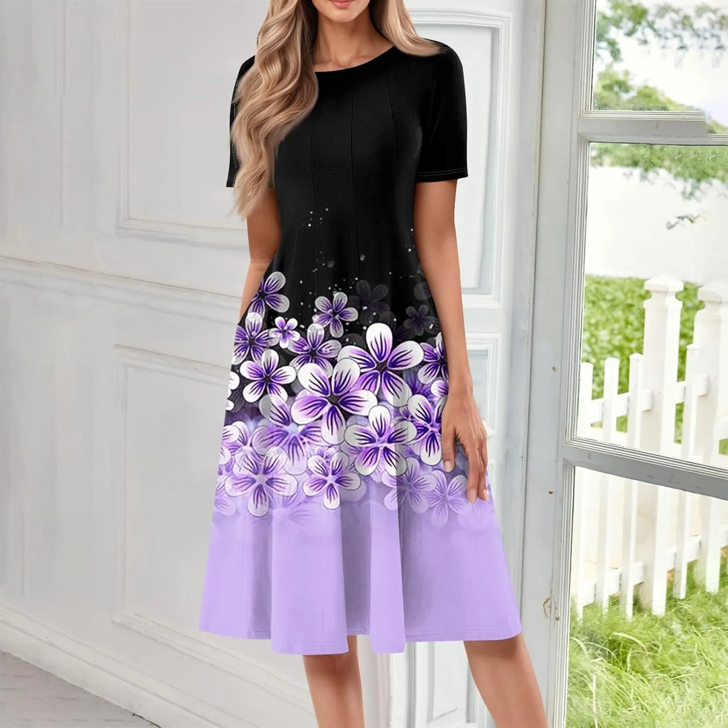 Women Midi Dresses Summer Casual Midi Dress 2025 Short Sleeve A-Line T-Shirt Flowy Beach Sundress with Pockets