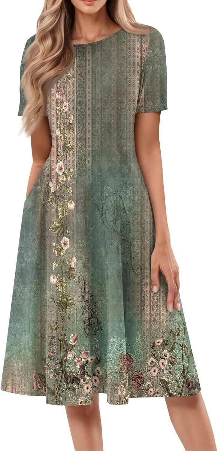 Women Midi Dresses Summer Casual Midi Dress 2025 Short Sleeve A-Line T-Shirt Flowy Beach Sundress with Pockets