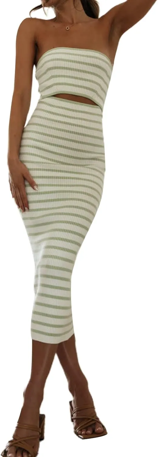Women Summer Strapless Knitted Tube Dress Off Shoulder Striped Cutout Long Dress Bodycon Backless Beach Sundress