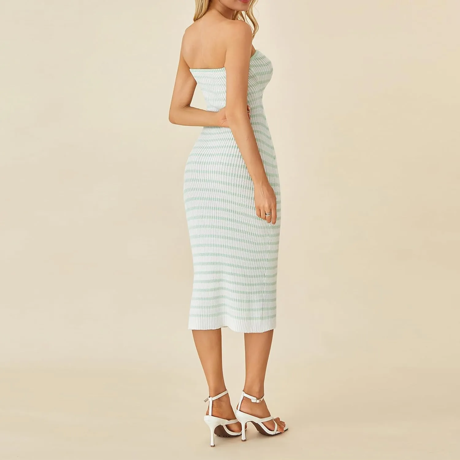 Women Summer Strapless Knitted Tube Dress Off Shoulder Striped Cutout Long Dress Bodycon Backless Beach Sundress
