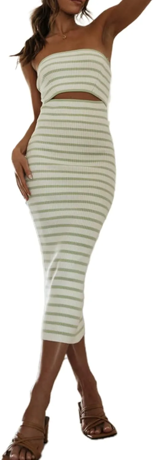 Women Summer Strapless Knitted Tube Dress Off Shoulder Striped Cutout Long Dress Bodycon Backless Beach Sundress