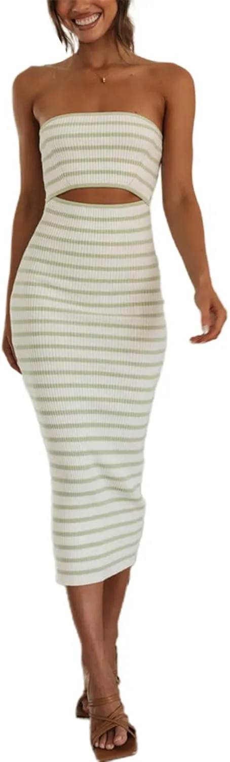 Women Summer Strapless Knitted Tube Dress Off Shoulder Striped Cutout Long Dress Bodycon Backless Beach Sundress