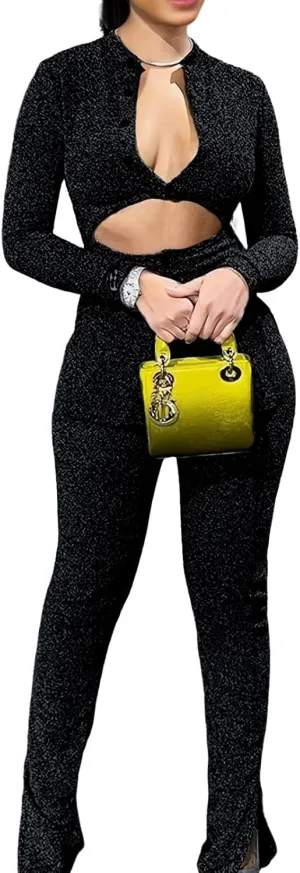 Womens 2 Piece Outfits Cut Out Casual Lady Business Suits Long Sleeve Slim Fit Sparkly Office Work Sets
