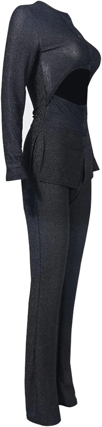 Womens 2 Piece Outfits Cut Out Casual Lady Business Suits Long Sleeve Slim Fit Sparkly Office Work Sets