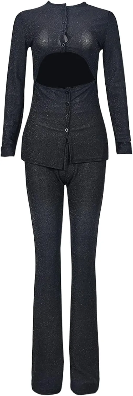 Womens 2 Piece Outfits Cut Out Casual Lady Business Suits Long Sleeve Slim Fit Sparkly Office Work Sets