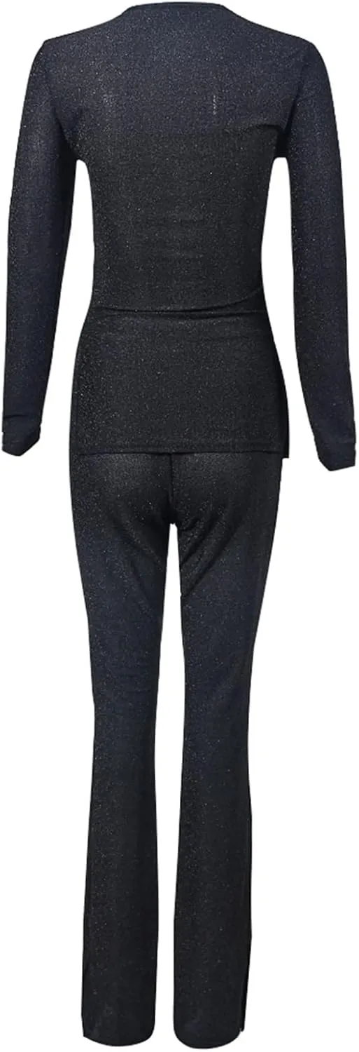 Womens 2 Piece Outfits Cut Out Casual Lady Business Suits Long Sleeve Slim Fit Sparkly Office Work Sets