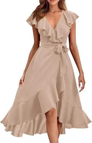 Women's 2025 Summer Lacing Wrap Maxi Dress Casual Boho Deep V Neck Short Sleeve Ruffle Hem Split Beach Long Dresses