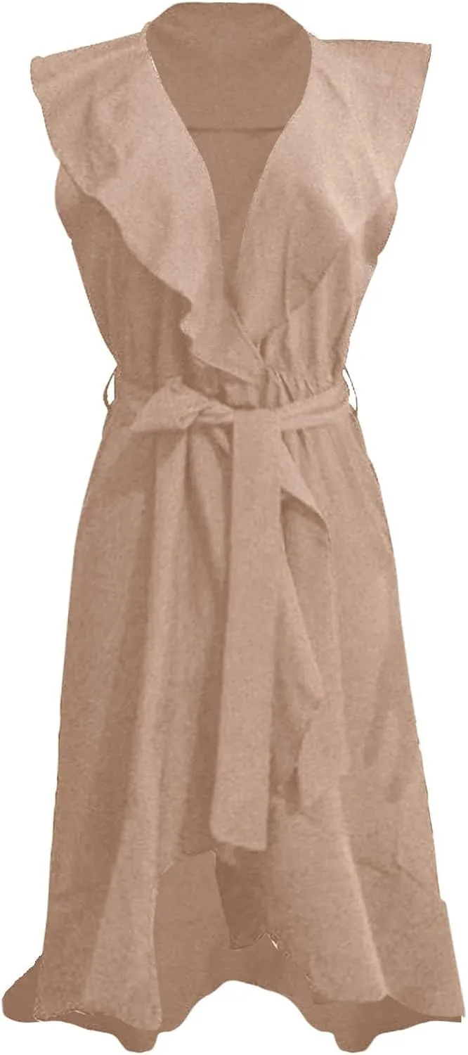 Women's 2025 Summer Lacing Wrap Maxi Dress Casual Boho Deep V Neck Short Sleeve Ruffle Hem Split Beach Long Dresses