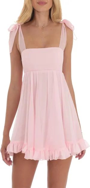 Women's Bubble Tank Mini Dress Tie Shoulder Backless A-Line Sleeveless Ruffle Dress Short Sundress for Beach Club Streetwear