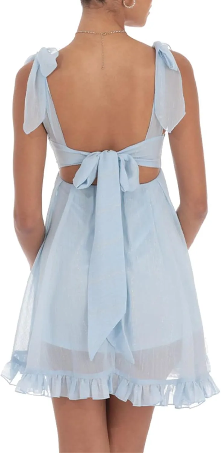 Women's Bubble Tank Mini Dress Tie Shoulder Backless A-Line Sleeveless Ruffle Dress Short Sundress for Beach Club Streetwear