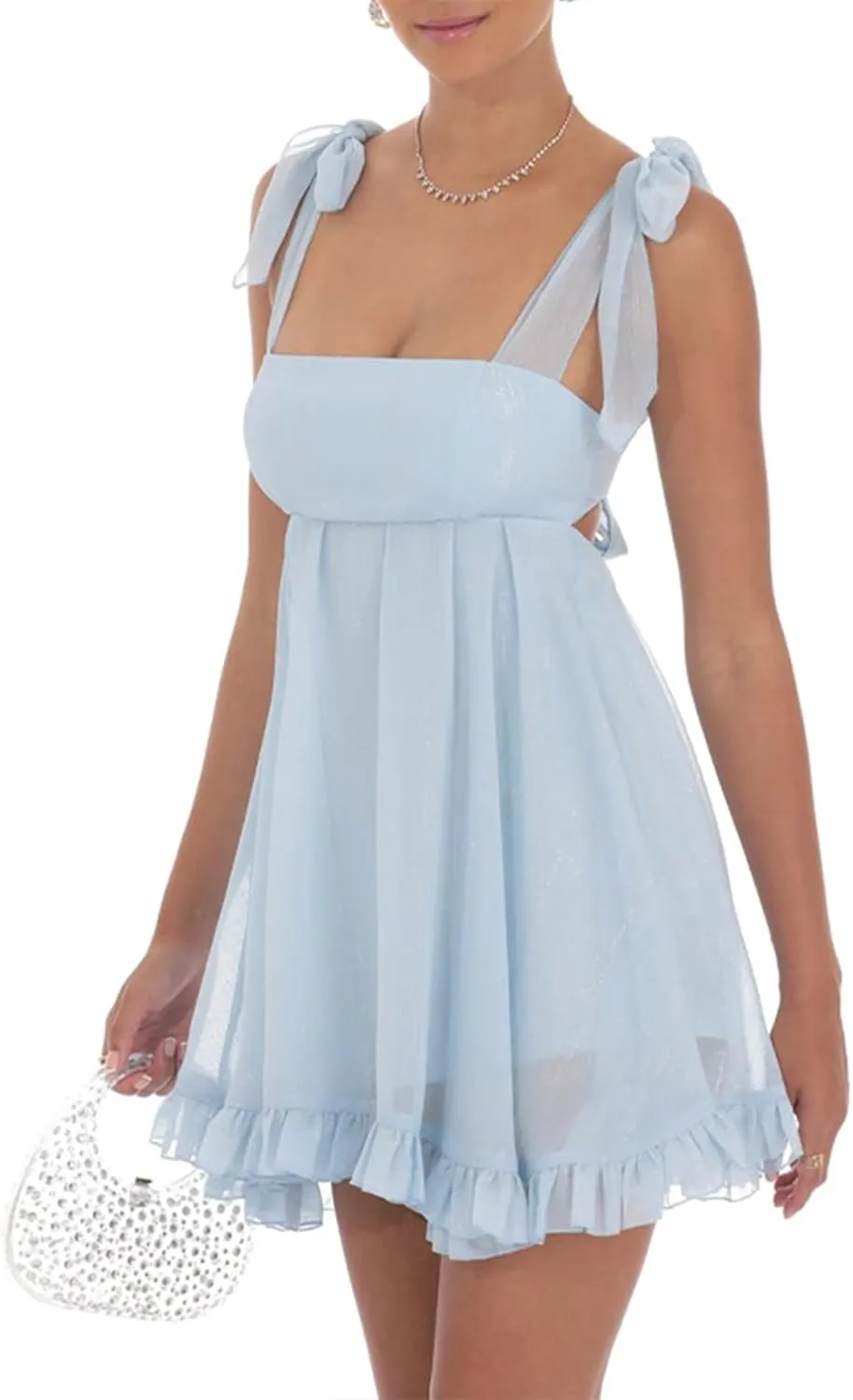 Women's Bubble Tank Mini Dress Tie Shoulder Backless A-Line Sleeveless Ruffle Dress Short Sundress for Beach Club Streetwear