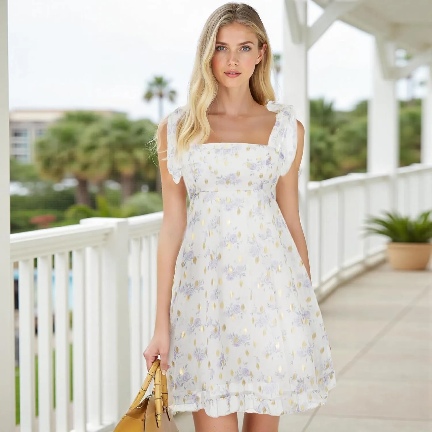 Women's Bubble Tank Mini Dress Tie Shoulder Backless A-Line Sleeveless Ruffle Dress Short Sundress for Beach Club Streetwear