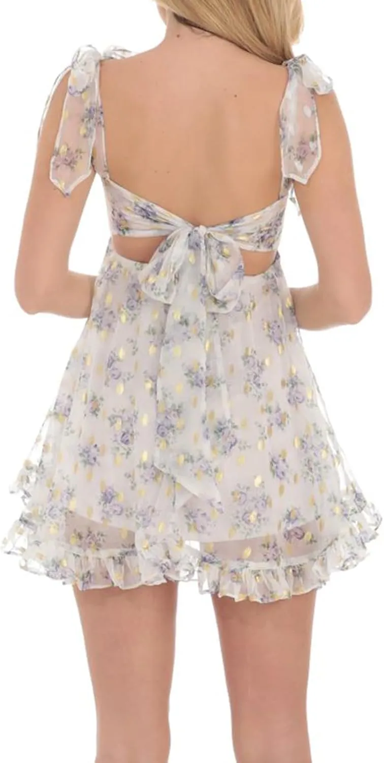 Women's Bubble Tank Mini Dress Tie Shoulder Backless A-Line Sleeveless Ruffle Dress Short Sundress for Beach Club Streetwear