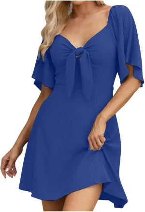 Womens Dresses 2024 Spring Summer Deep V Neck Elegant Bow Tie Mini Dress Short Sleeve Solid Casual Graduation Dress