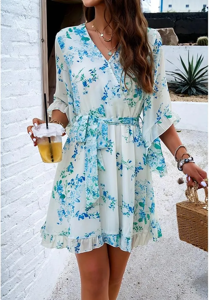 Womens Floral Mini Dress V Neck High Waist with Belt Short Flowy Dresses 3/4 Sleeve Ruffle Tiered Dress