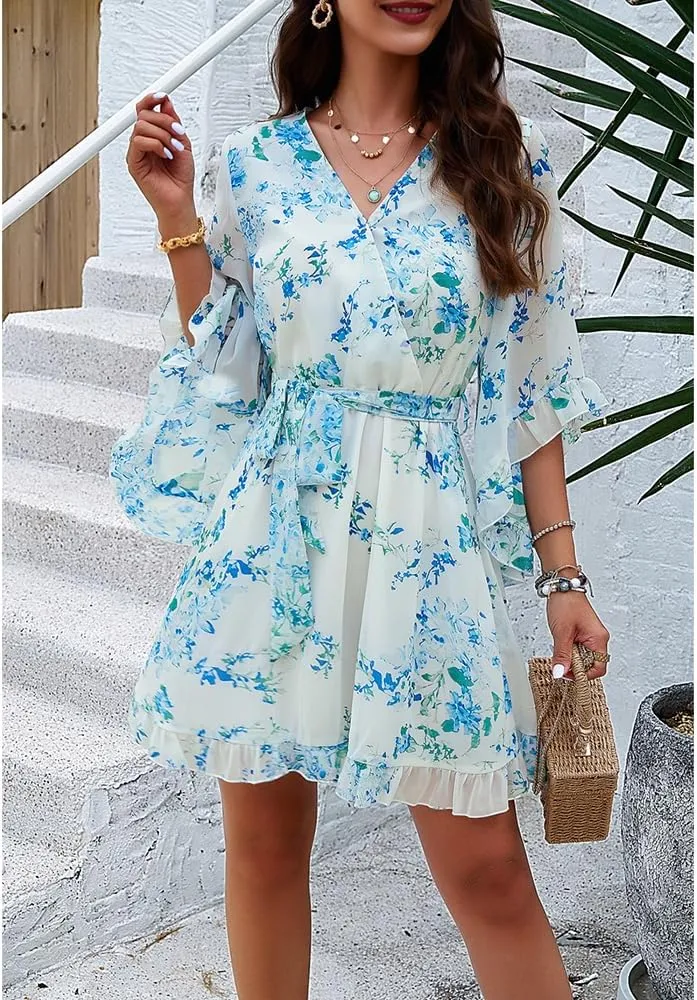 Womens Floral Mini Dress V Neck High Waist with Belt Short Flowy Dresses 3/4 Sleeve Ruffle Tiered Dress