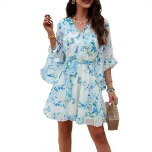 Womens Floral Mini Dress V Neck High Waist with Belt Short Flowy Dresses 3/4 Sleeve Ruffle Tiered Dress