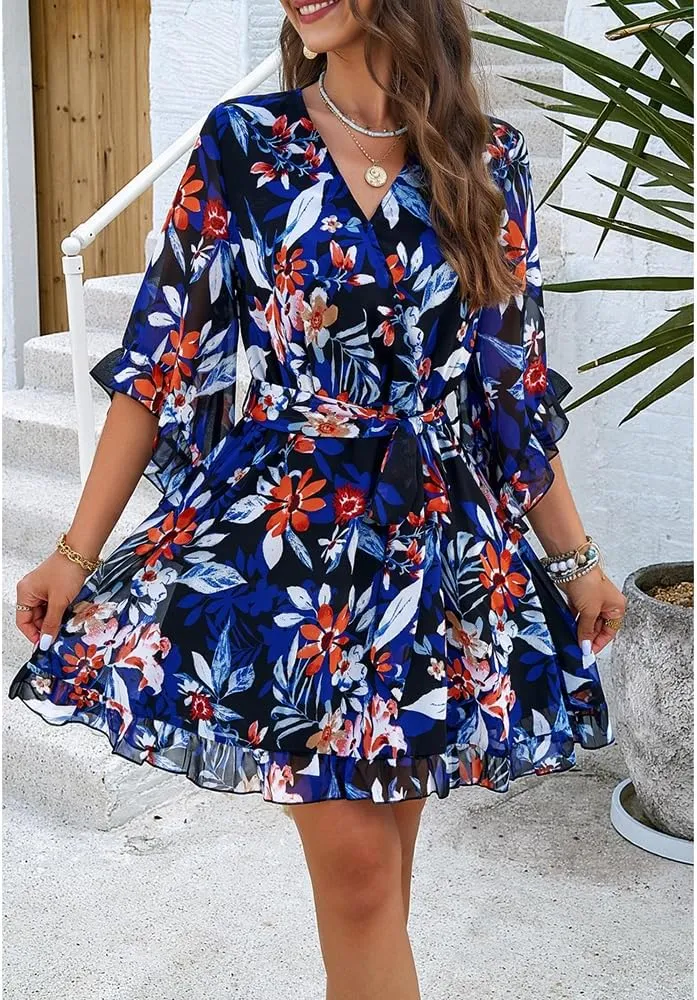 Womens Floral Mini Dress V Neck High Waist with Belt Short Flowy Dresses 3/4 Sleeve Ruffle Tiered Dress