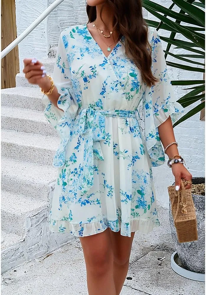 Womens Floral Mini Dress V Neck High Waist with Belt Short Flowy Dresses 3/4 Sleeve Ruffle Tiered Dress