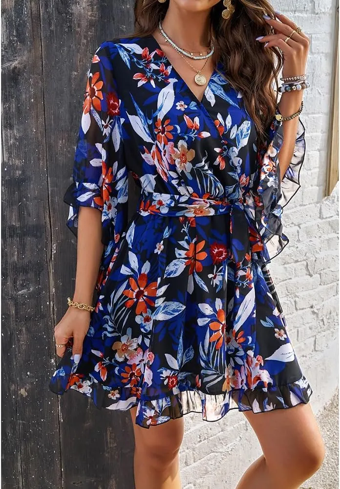 Womens Floral Mini Dress V Neck High Waist with Belt Short Flowy Dresses 3/4 Sleeve Ruffle Tiered Dress