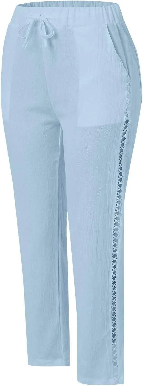 Womens Linen Blend Summer Split Flowy Pants Elastic Waist Long Lounge Slim Fit Pant Trousers Work Business