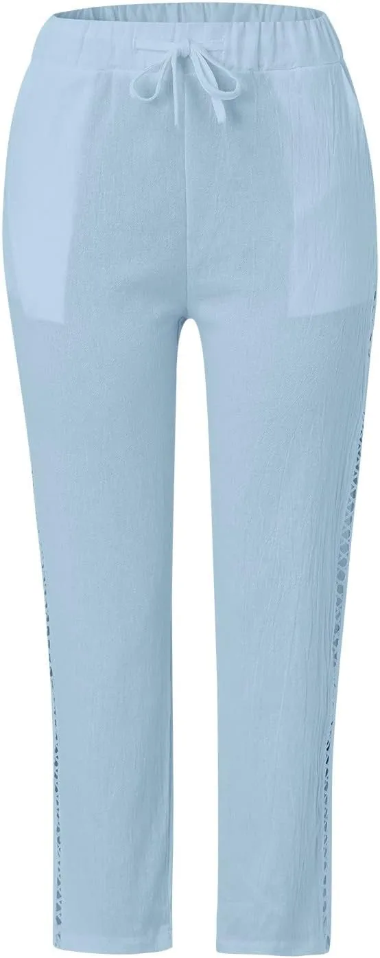 Womens Linen Blend Summer Split Flowy Pants Elastic Waist Long Lounge Slim Fit Pant Trousers Work Business