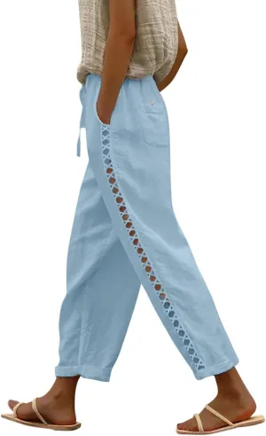 Womens Linen Blend Summer Split Flowy Pants Elastic Waist Long Lounge Slim Fit Pant Trousers Work Business