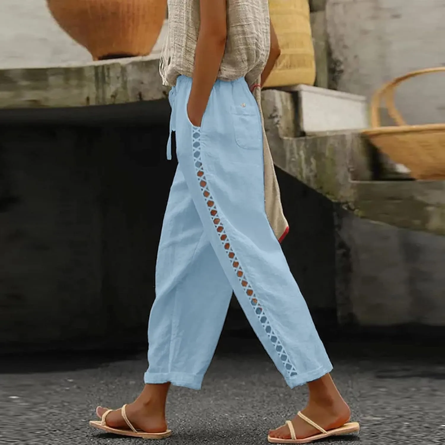 Womens Linen Blend Summer Split Flowy Pants Elastic Waist Long Lounge Slim Fit Pant Trousers Work Business