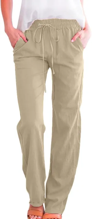 Womens Linen Blend Summer Striped Palazzo Lounge Pants Elastic Waist Ankle Length Slim-Fit Pants Travel