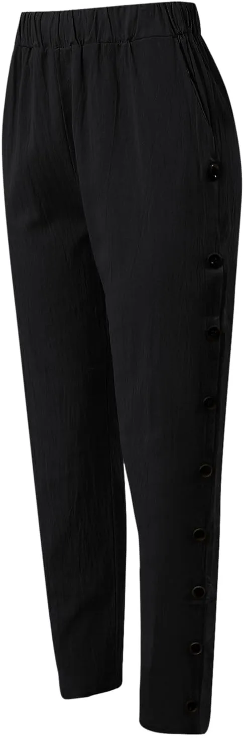 Womens Linen Summer Fashion Pants Elastic Waisted Wide Leg Slim Fit Trousers Trendy