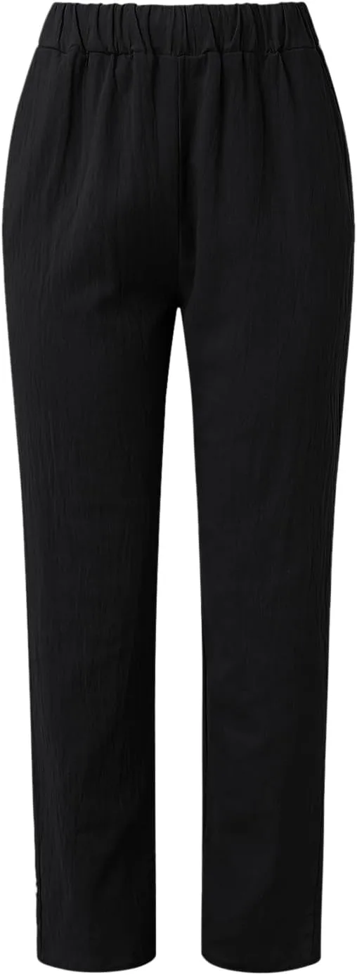 Womens Linen Summer Fashion Pants Elastic Waisted Wide Leg Slim Fit Trousers Trendy