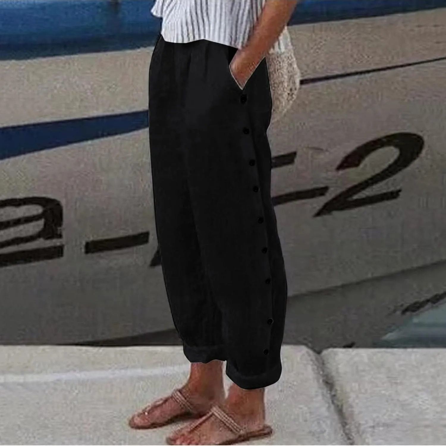 Womens Linen Summer Fashion Pants Elastic Waisted Wide Leg Slim Fit Trousers Trendy