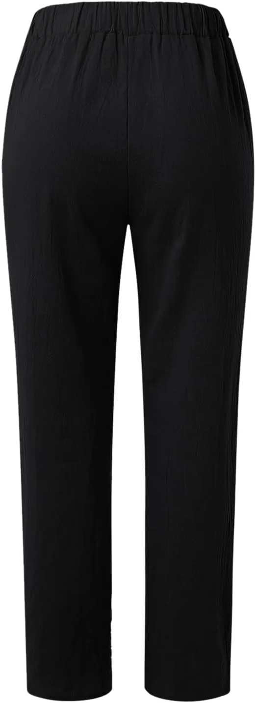 Womens Linen Summer Fashion Pants Elastic Waisted Wide Leg Slim Fit Trousers Trendy