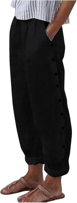 Womens Linen Summer Fashion Pants Elastic Waisted Wide Leg Slim Fit Trousers Trendy
