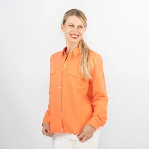 Women's Orange Long Sleeve Relaxed Fit Button-Up Linen Shirts