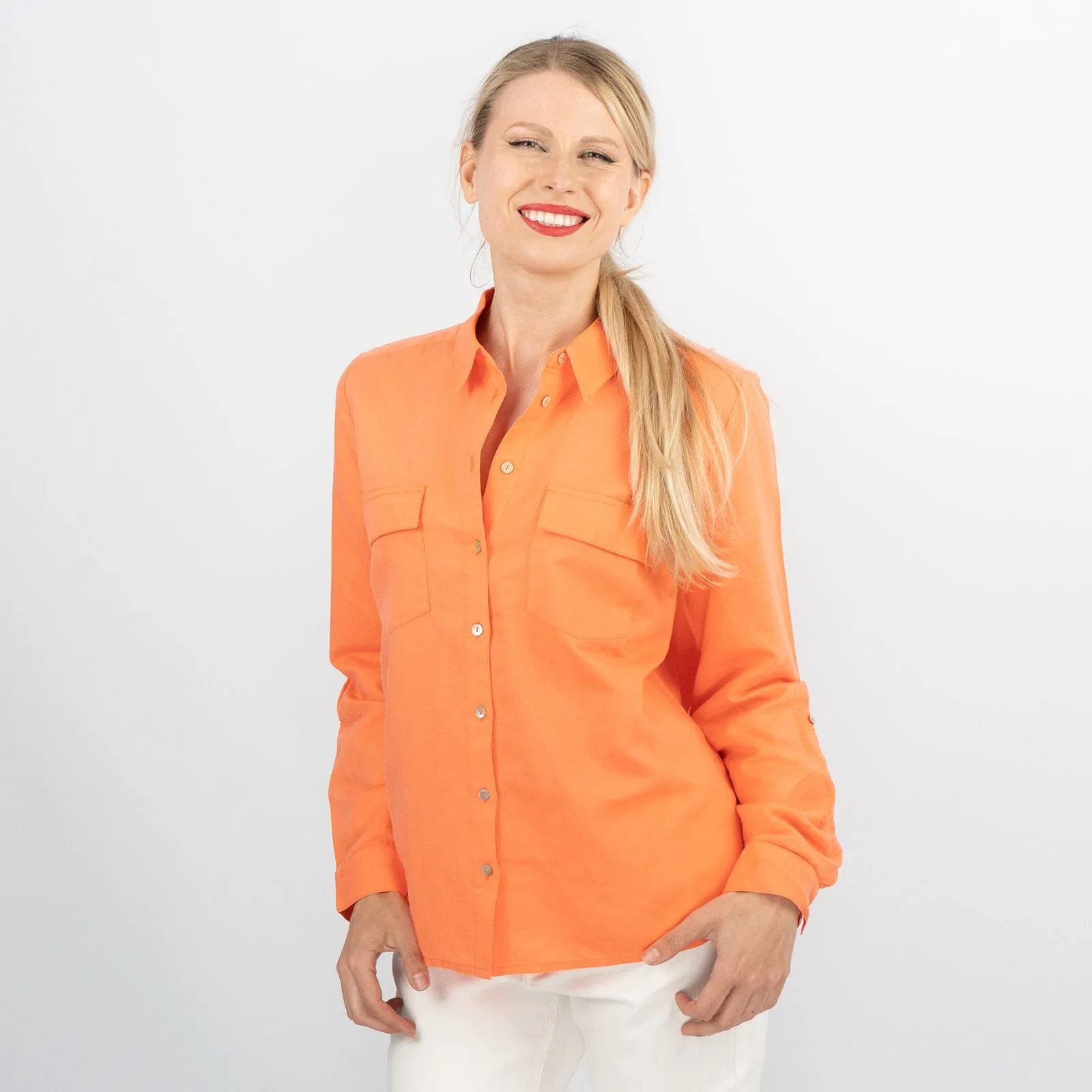 Women's Orange Long Sleeve Relaxed Fit Button-Up Linen Shirts
