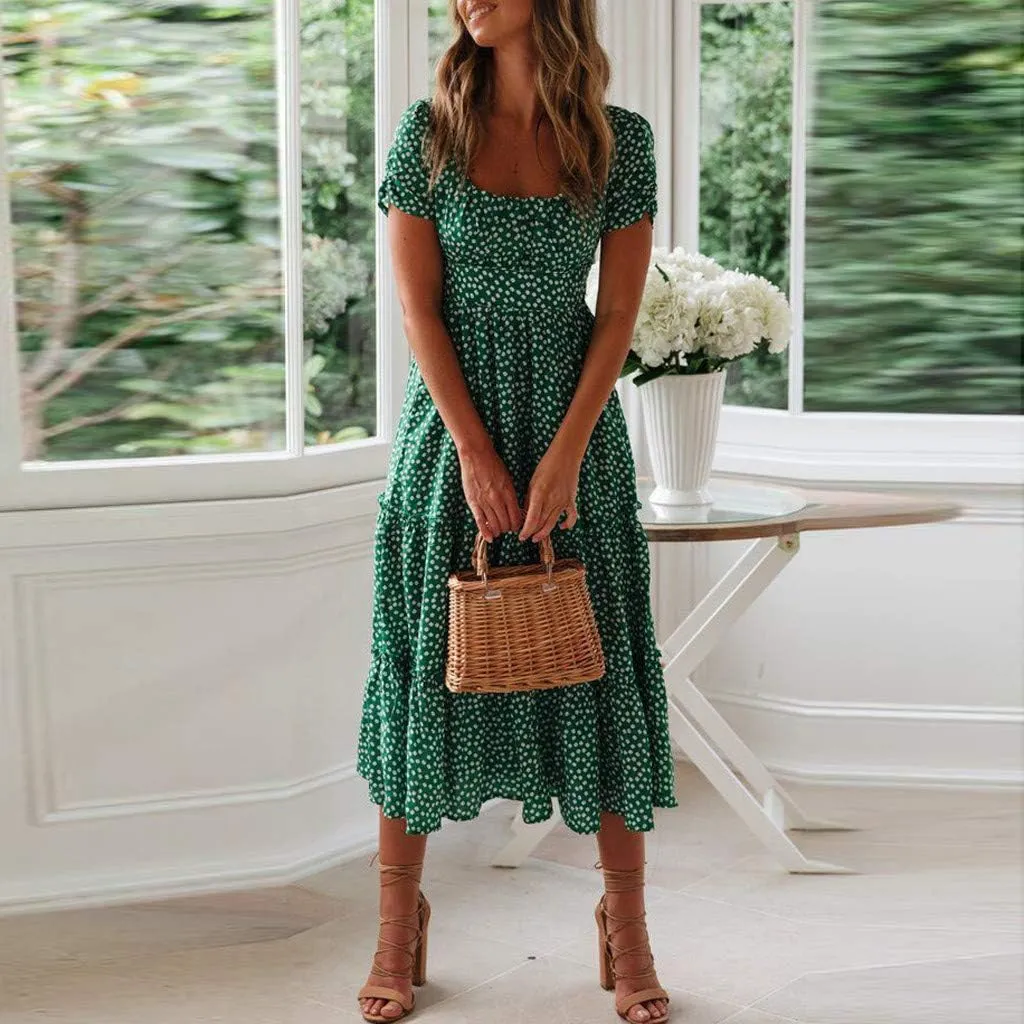 Women's Spring Summer Dresses Puff Sleeve Party Casual Floral Print Boho Elegant Beautiful Cute Midi Long Maxi Dress