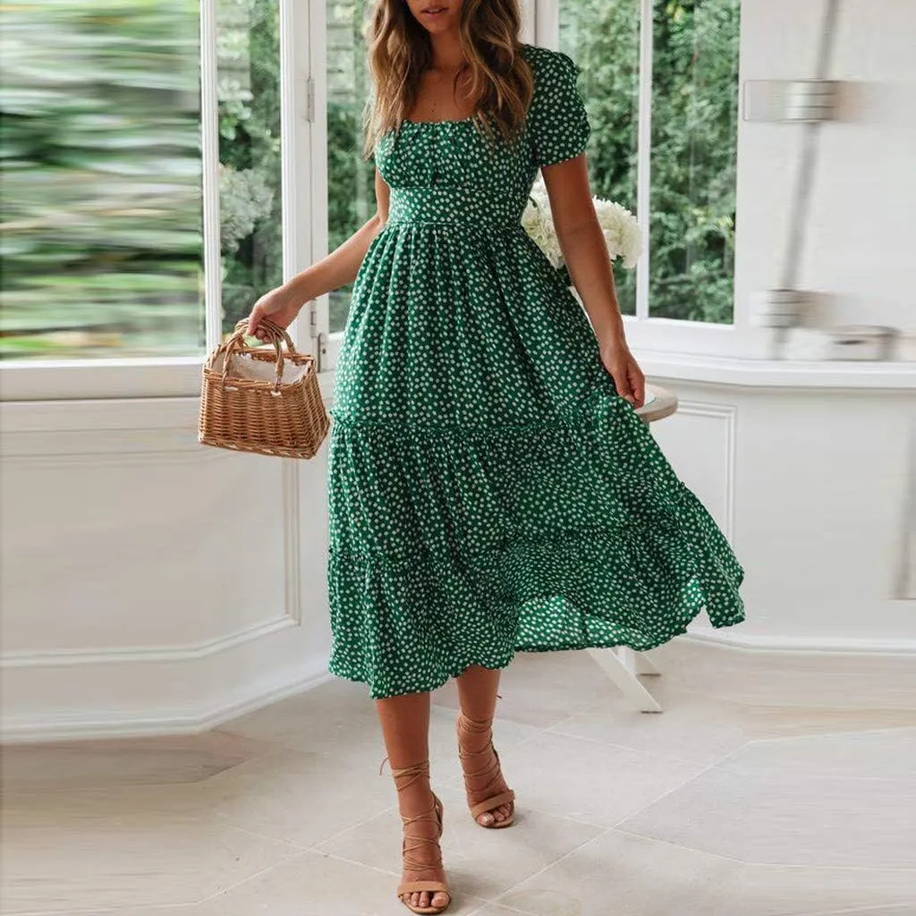 Women's Spring Summer Dresses Puff Sleeve Party Casual Floral Print Boho Elegant Beautiful Cute Midi Long Maxi Dress