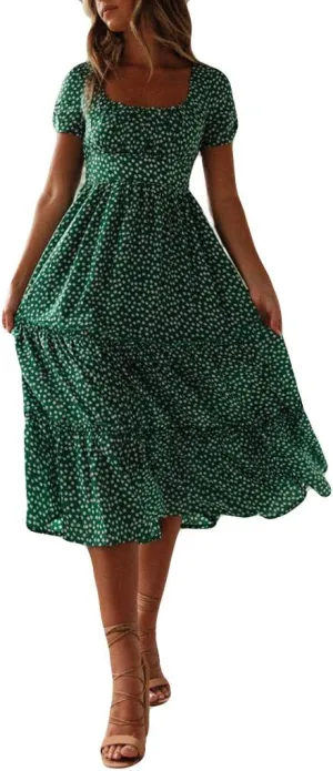 Women's Spring Summer Dresses Puff Sleeve Party Casual Floral Print Boho Elegant Beautiful Cute Midi Long Maxi Dress