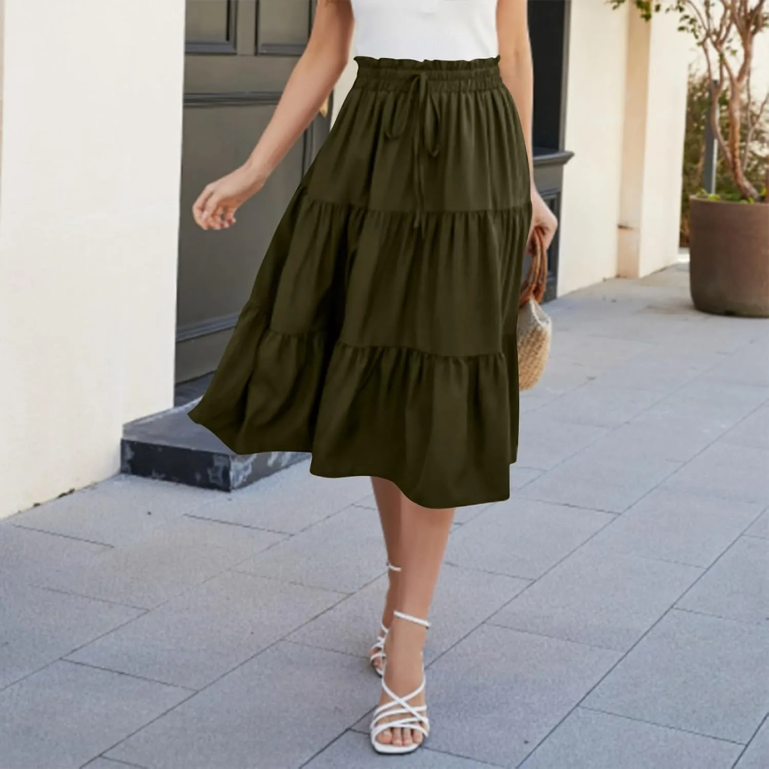 Women's Summer Bohemian Print A-Line Maxi Skirt Elastic Waist High Waist Beach Outfits Casual Tiered Long Skirt