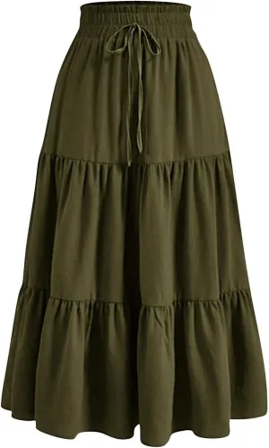 Women's Summer Bohemian Print A-Line Maxi Skirt Elastic Waist High Waist Beach Outfits Casual Tiered Long Skirt