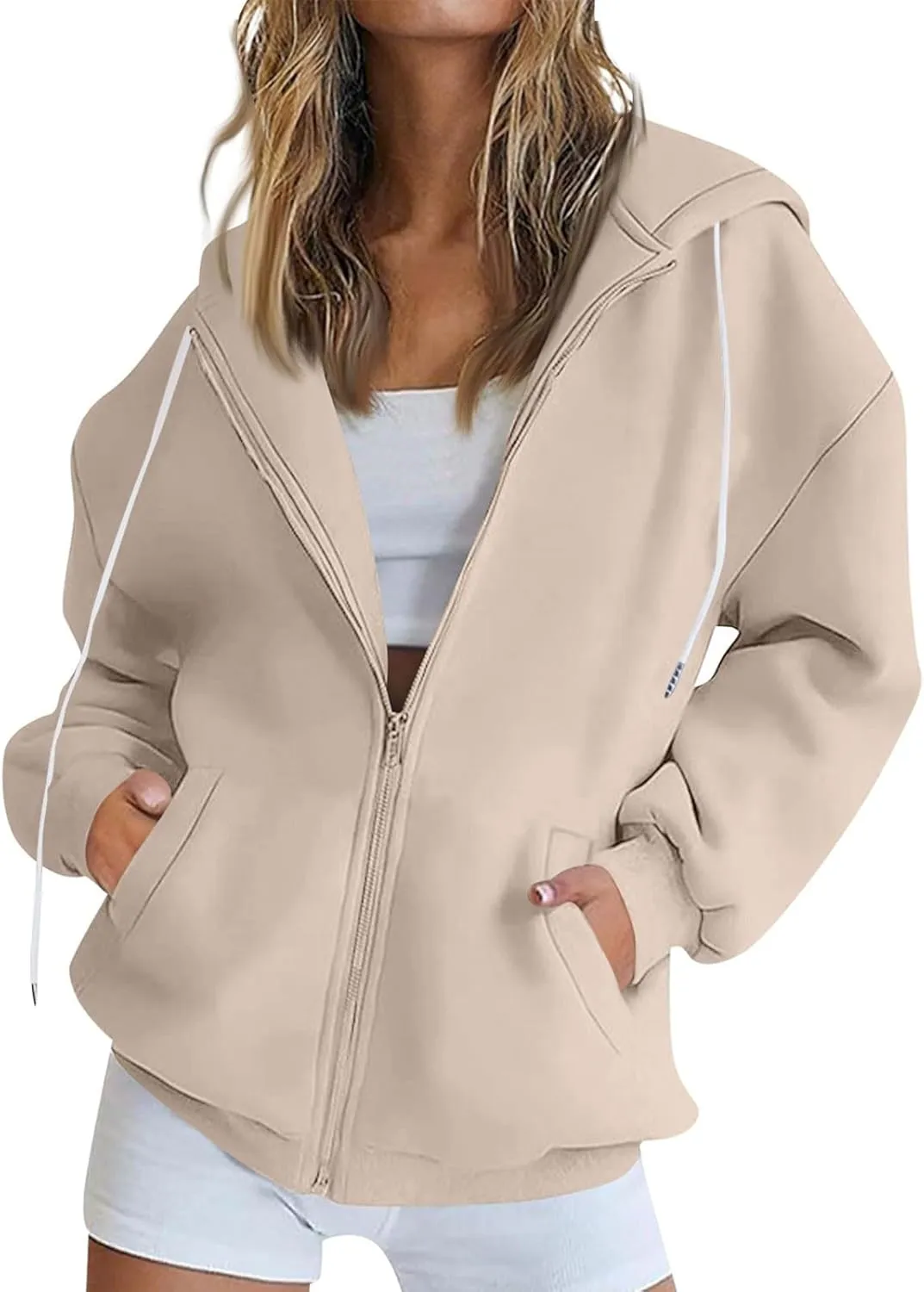 Womens Zip Up Hoodies Oversized Long Sleeve Fleece Jacket with Pockets Casual Comfy Loose Hooded Sweatshirt Outerwear