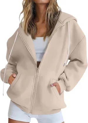 Womens Zip Up Hoodies Oversized Long Sleeve Fleece Jacket with Pockets Casual Comfy Loose Hooded Sweatshirt Outerwear