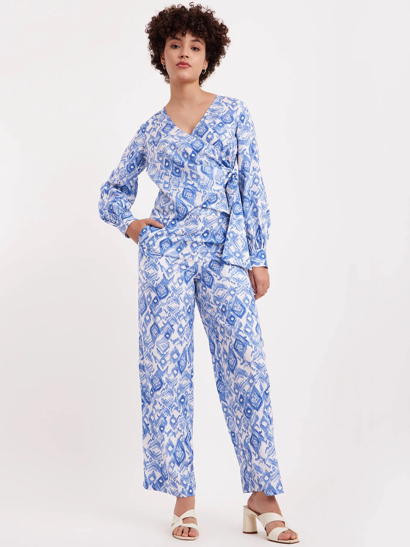 Wrap Top And Trouser Co-ord - White And Blue