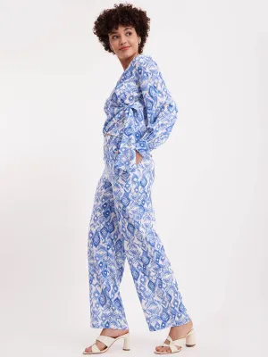 Wrap Top And Trouser Co-ord - White And Blue