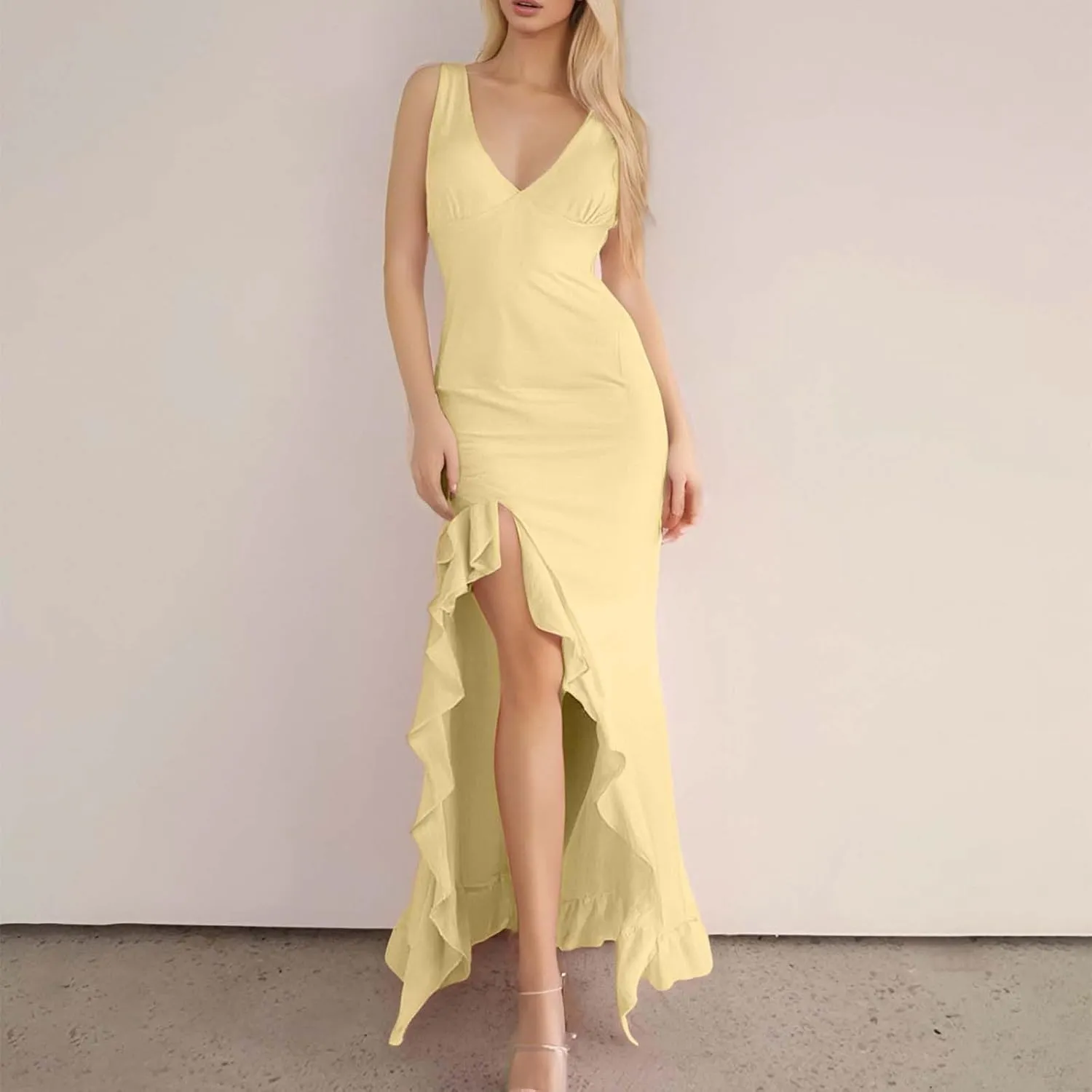 WYTong Women's Summer Bodycon Maxi Dress 2025 Spaghetti Strap Ruffle Mermaid Cocktail Wedding Guest Formal Long Dresses