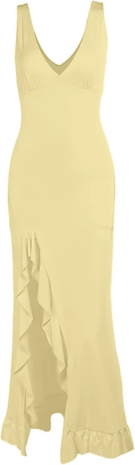 WYTong Women's Summer Bodycon Maxi Dress 2025 Spaghetti Strap Ruffle Mermaid Cocktail Wedding Guest Formal Long Dresses