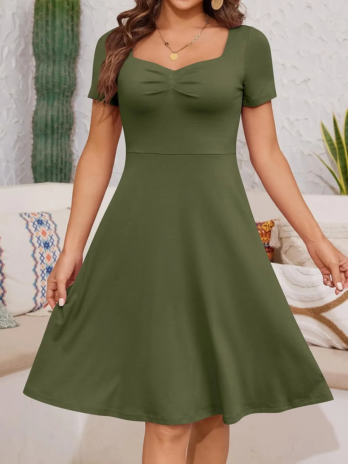 YATHON Dresses for Women 2024 Wedding Guest Knee Length Summer Casual Short Sleeve Cute Sweatheart Neck Milkmaid Aline Dress