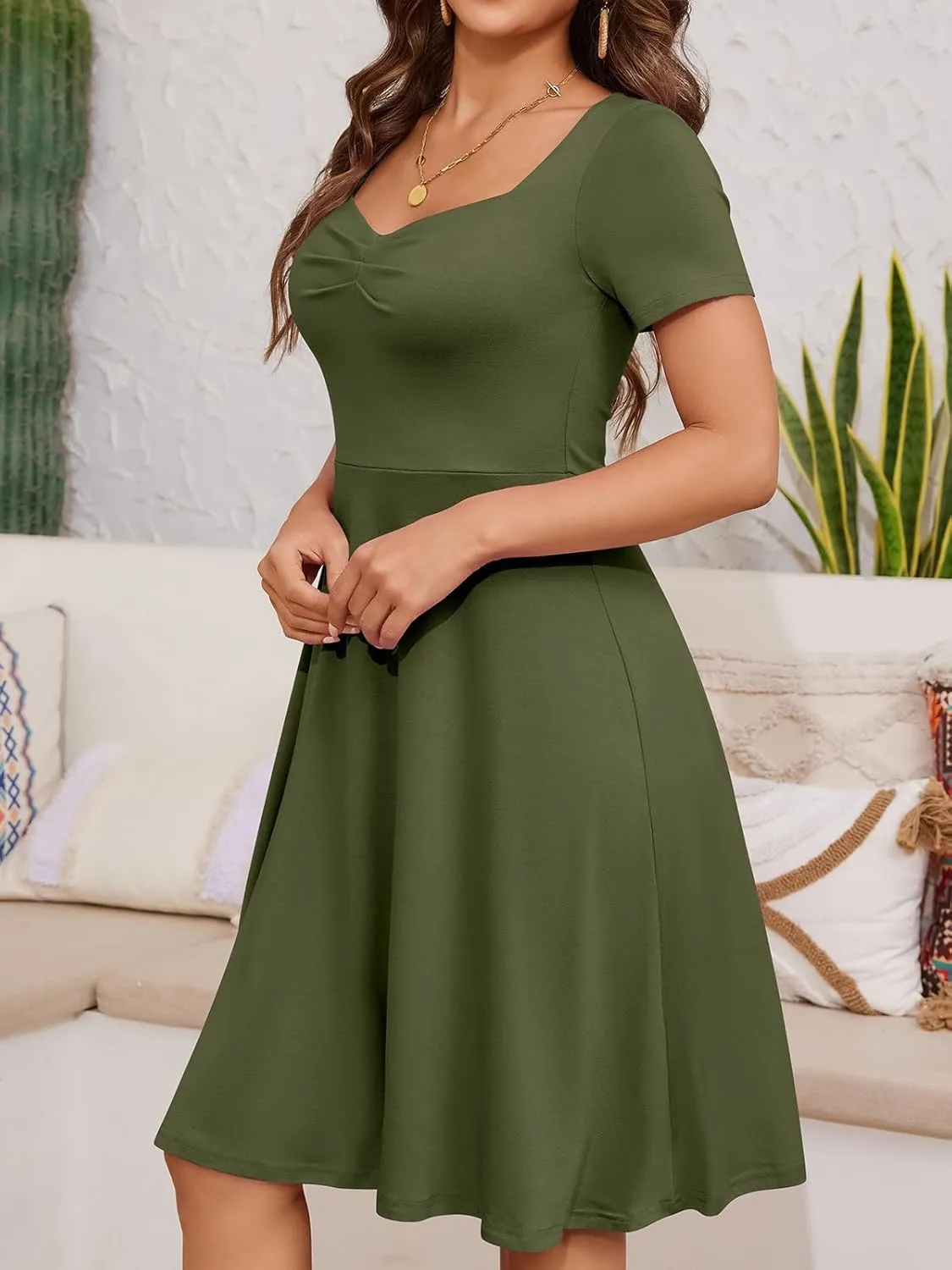 YATHON Dresses for Women 2024 Wedding Guest Knee Length Summer Casual Short Sleeve Cute Sweatheart Neck Milkmaid Aline Dress