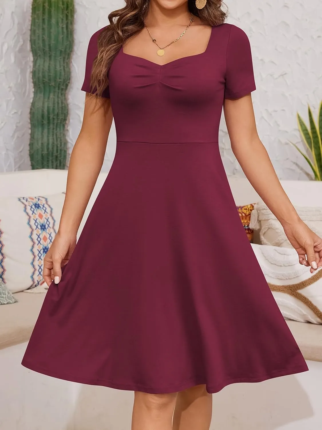 YATHON Dresses for Women 2024 Wedding Guest Knee Length Summer Casual Short Sleeve Cute Sweatheart Neck Milkmaid Aline Dress